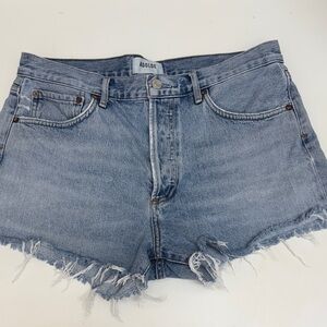 Agolde Light Blue Frayed Hem Jean Shorts